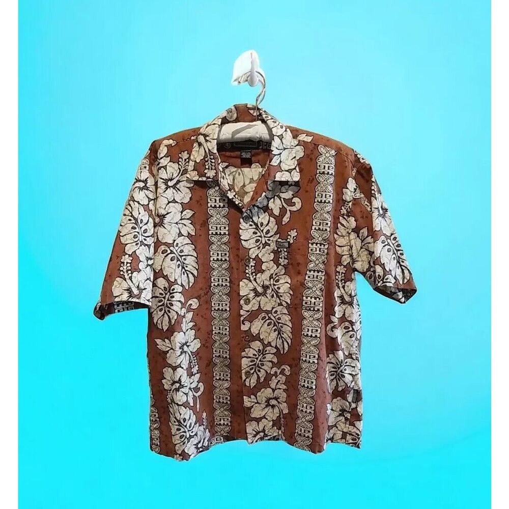 Quicksilver Shirt‎ Men's Large Brown Button Up Short Sleeve Hawaiian Island Vtg
